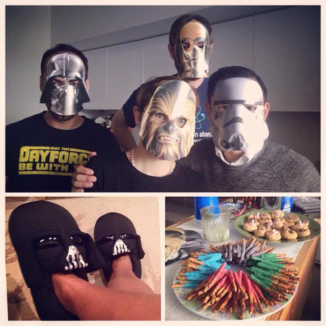 Complete with Darth Vader slippers, Lightsaber pretzel snacks and 1/2 the cast on my couch :)